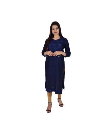 Womens Rayon Navy Straight V Neck Calf Length Kurti 1