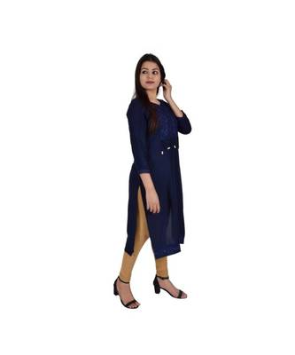 Womens Rayon Navy Straight V Neck Calf Length Kurti 2