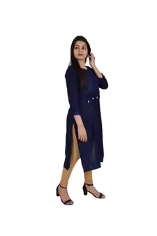 Womens Rayon Navy Straight V Neck Calf Length Kurti