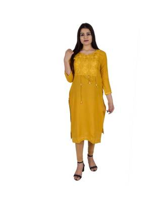 Womens Rayon Yellow Straight V Neck Calf Length Kurti 1