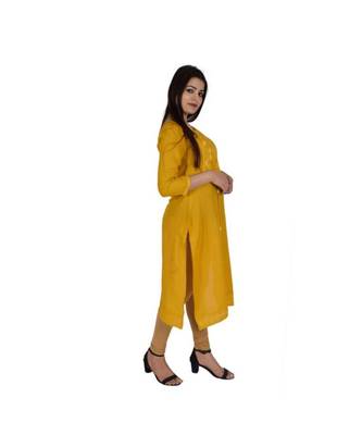 Womens Rayon Yellow Straight V Neck Calf Length Kurti 2