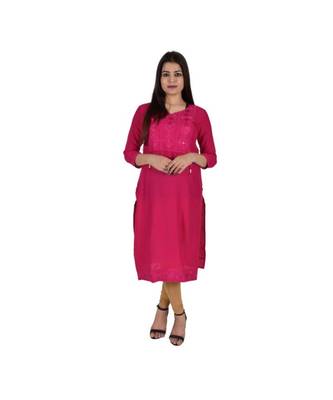 Womens Rayon Pink Straight V Neck Calf Length Kurti 1