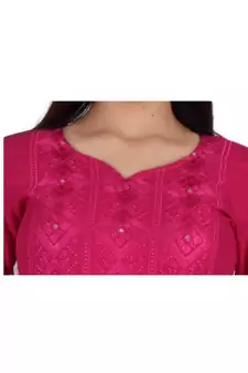 Womens Rayon Pink Straight V Neck Calf Length Kurti