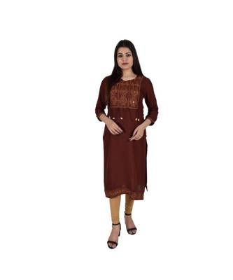 Womens Rayon Brown Straight V Neck Calf Length Kurti 1