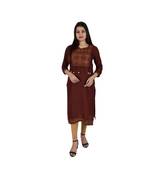 Womens Rayon Brown Straight V Neck Calf Length Kurti