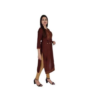 Womens Rayon Brown Straight V Neck Calf Length Kurti 2