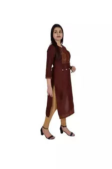 Womens Rayon Brown Straight V Neck Calf Length Kurti