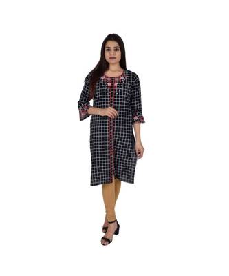 Womens Rayon Black Straight Round Neck  Knee Length Kurti 1