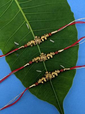 Tortoise Designer Rakhi (Pack Of 3) Set For Men Gold Plated Elephant Rudraksha Beads Multicolor Thread Rakhi For Brother 1