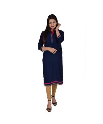 Womens Rayon Navy Straight Mandarin Neck Knee Length Kurti 1