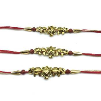 Tortoise Designer Rakhi (Pack Of 3) Set For Men Gold Plated Elephant Rudraksha Beads Multicolor Thread Rakhi For Brother 2