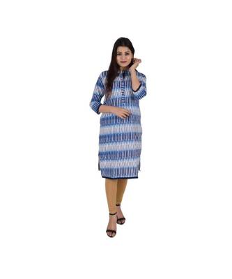 Womens Cotton Blue Straight Mandarin Neck Knee Length Kurti 1
