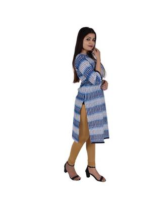 Womens Cotton Blue Straight Mandarin Neck Knee Length Kurti 2