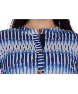 Womens Cotton Blue Straight Mandarin Neck Knee Length Kurti 4