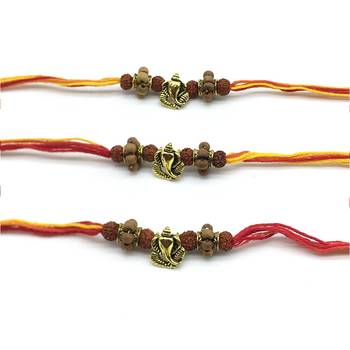 Ganesh Ji Designer Rakhi (Pack Of 3) Set For Men Gold Plated Ganpati Bappa Rudraksha Multicolor Thread Rakhi For Brother 2