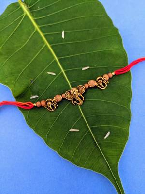 Ganesh Ji Designer Rakhi Set For Men Gold Plated Ganpati Bappa Om Tulsi Beads Multicolor Thread Rakhi For Brother/ Bhai 1
