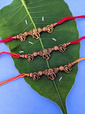 Ganesh Ji Designer (Pack Of 3) Rakhi Set For Men Gold Plated Ganpati Bappa Om Beads Multicolor Thread Rakhi For Brother 1