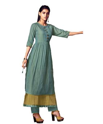 Double-Layer Teal Cotton Long Kurtis 1