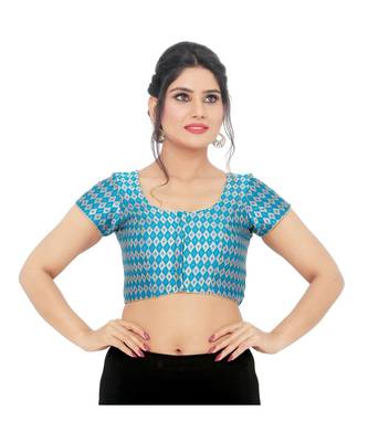 Rama Green Brocade Padded Designer Ready Made Saree Blouse 2