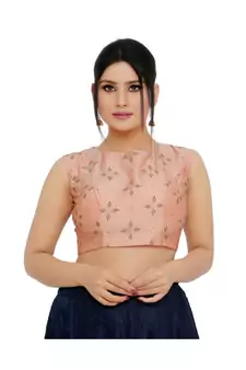 Pastel Peach Dupion Silk Padded Designer Ready Made Saree Blouse
