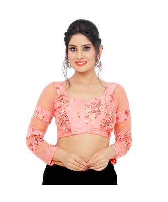 Peach Net Padded Designer Ready Made Saree Blouse 2
