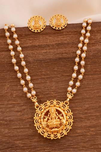 Off-white pearl necklace with Laxmi pendant and earrings set MEDIUM length