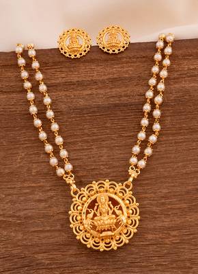Off-white pearl necklace with Laxmi pendant and earrings set MEDIUM length 1