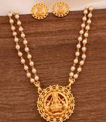 Off-white pearl necklace with Laxmi pendant and earrings set MEDIUM length