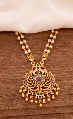 Off-white pearl 2 line SHORT necklace with peacock pendant one gram gold 1