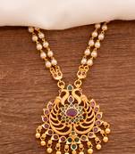 Off-white pearl 2 line SHORT necklace with peacock pendant one gram gold