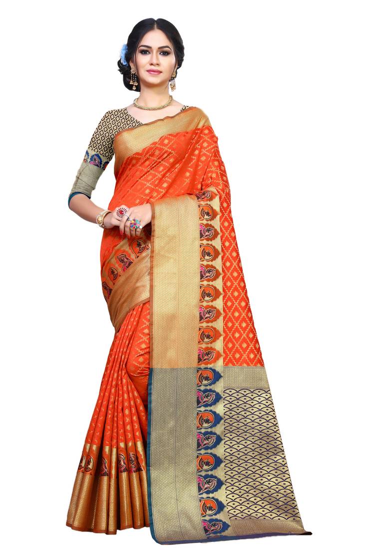 Women's Silk Blend Orange Woven Design Designer Saree With Blouse Piece