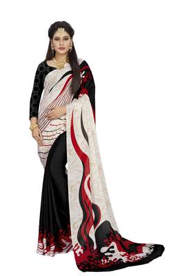 White printed crepe saree with blouse 1