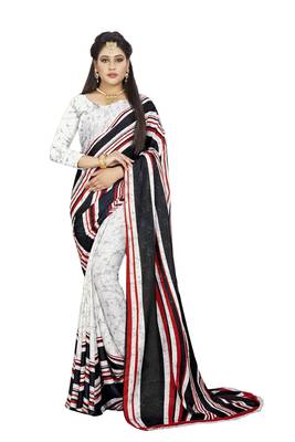 White printed crepe saree with blouse 1