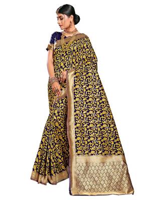 Yellow woven art silk saree with blouse 1