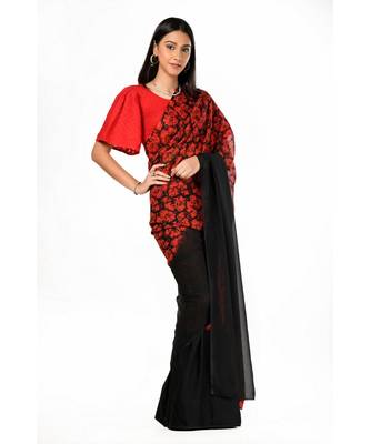 Red and black printed half n half Wrap in 1 Minute saree 1