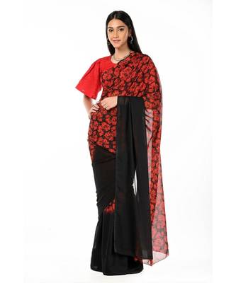 Red and black printed half n half Wrap in 1 Minute saree 2