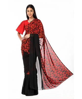 Red and black printed half n half Wrap in 1 Minute saree 3