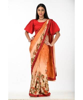 Orange and peach floral Wrap in 1 Minute saree 2