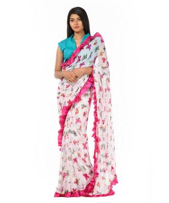 White and pink printed ruffles at the bordered Wrap in 1 Minute saree 1