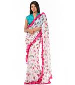 White and pink printed ruffles at the bordered Wrap in 1 Minute saree