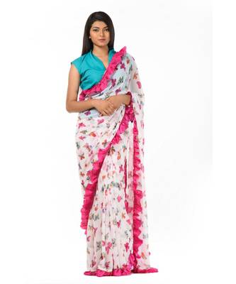 White and pink printed ruffles at the bordered Wrap in 1 Minute saree 2