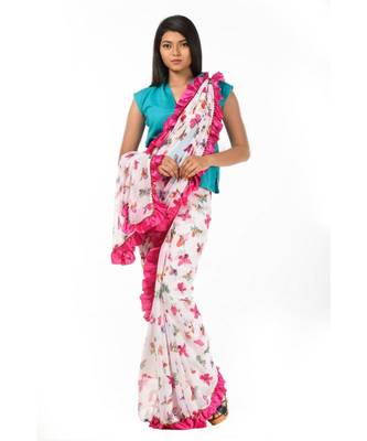 White and pink printed ruffles at the bordered Wrap in 1 Minute saree 3