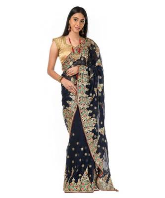 Blue georgette golden embroidery festive Wrap in 1 Minute saree 1