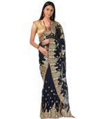 Blue georgette golden embroidery festive Wrap in 1 Minute saree