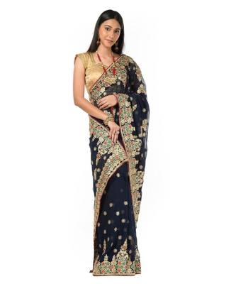 Blue georgette golden embroidery festive Wrap in 1 Minute saree 3