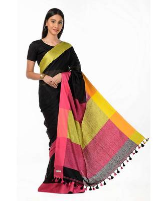 Black green pure linen handloom Wrap in 1 Minute saree 1