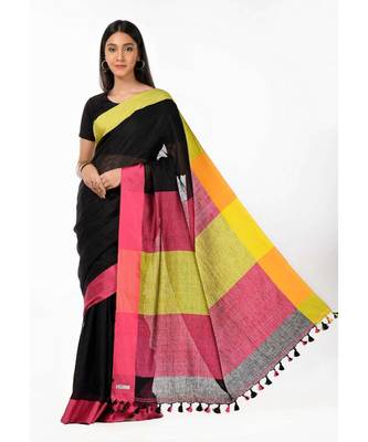 Black green pure linen handloom Wrap in 1 Minute saree 3
