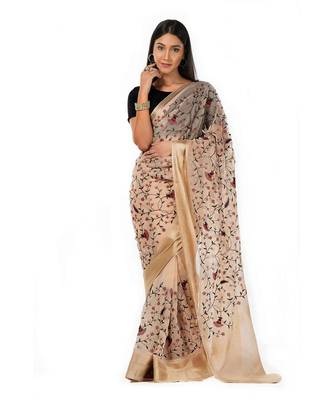 Pure beige organza with gorgeous floral embroidered Wrap in 1 Minute saree 1