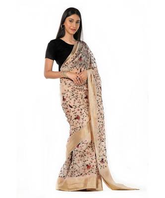 Pure beige organza with gorgeous floral embroidered Wrap in 1 Minute saree 2