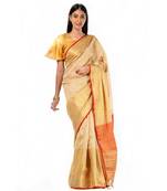 beige, gold and red magic Wrap in 1 Minute saree